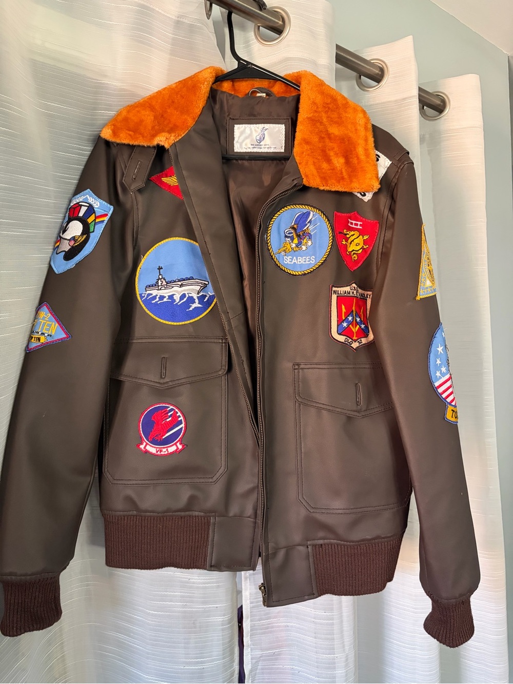 Men’s TOP GUN Retro Patch Bomber Jacket with Orange Faux-Fur Collar